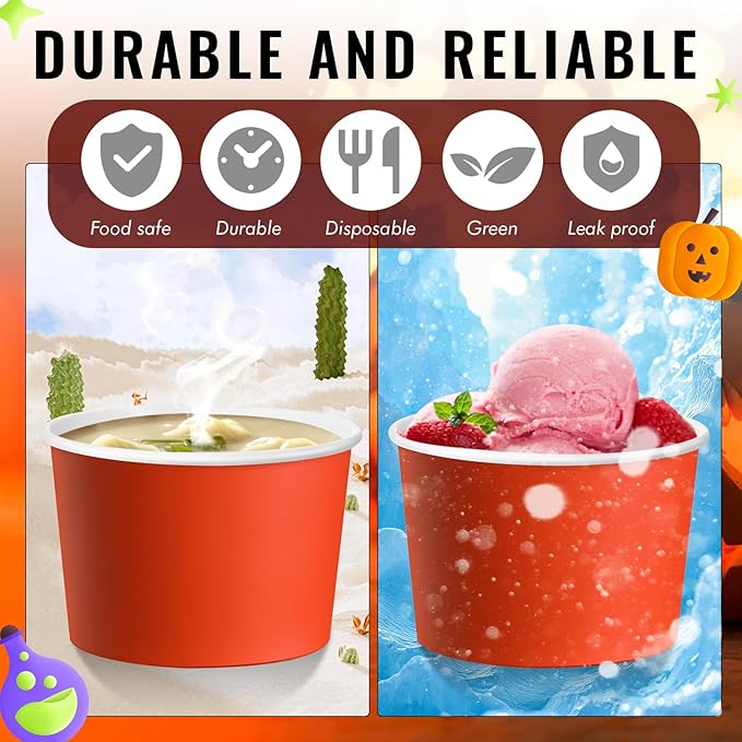 Jingmore Paper Ice Cream Cups 9oz Colored Disposable Dessert Bowls for Hot or Cold Party Food Cups for Birthday Baby Shower Easter Party Supplies(Halloween Color,60 Pcs)