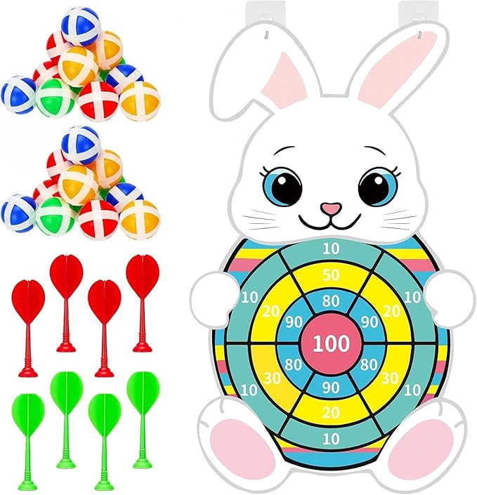 Easter Games 32" Large Bunny Dart Board - Easter Basket Stuffers Bunny Design with 12 Sticky Balls & 8 Darts, Indoor Outdoor Yard Holiday Party Games for Family, Non-Candy Gifts & Egg Fillers