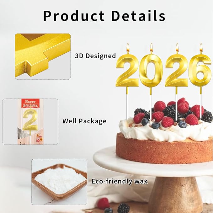 Graduation Candle 2026, 4 Pcs 3D Visual 2026 Gold Number Candles for Graduation Cake Decorations, Class of 2026 Cake Topper, 20, 22, 26, 60, 62 Birthday Candles Happy Birthday Cake Toppers
