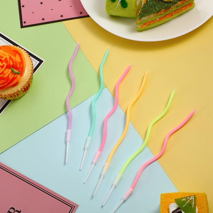 48 Pieces Twisty Birthday Spiral Cake Candles with Holders Long Thin Curly Coil Metallic Cake Cupcake Candles for Birthday Wedding Party Decoration(Colorful)