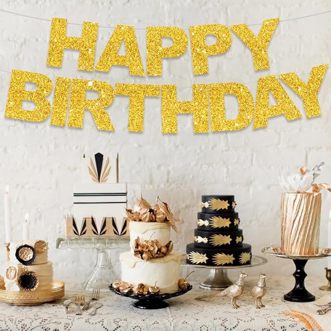 BEISHIDA Happy Birthday Banner - Pre-Strung No DIY Birthday Decorations - Happy Birthday Sign - Birthday Banner for Women, Kids - Backdrop Gold