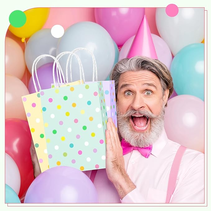 Humyoun 24 Pcs Pastel Paper Gift Bags with Handles, Pastel Dots Goodies Treat Candy Bags for Holiday Party Favor Gift Wrapping Baby Shower Wedding Birthday Party Supplies