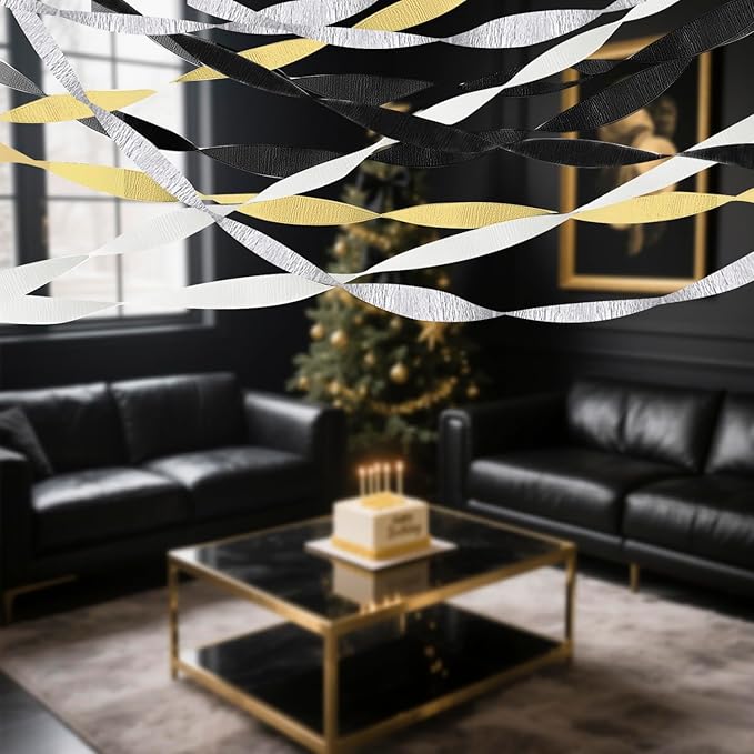 PheiLa Crepe Paper Streamers 4 Rolls 328ft, White Black Gold Silver Paper Party Streamers for Wedding Graduation Anniversary Birthday Baby Shower Backdrop Decoration Supplies