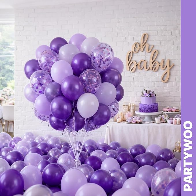 PartyWoo Purple Balloons 66pcs 12 Inch Light Pastel Dark Metallic Purple Lilac Lavender Confetti Balloons for Graduation Baby Shower Birthday Wedding Anniversary Butterfly Princess Party Decorations