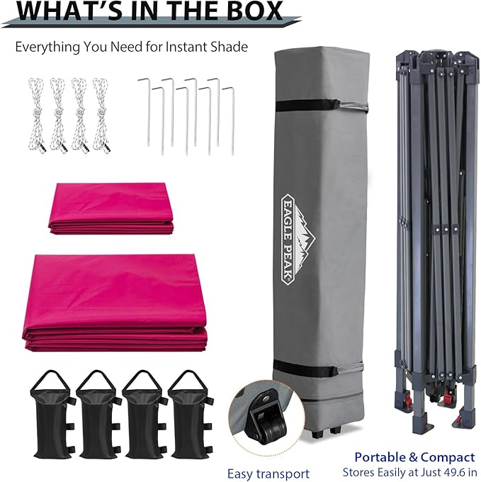 EAGLE PEAK 13x13 Straight Leg Pop Up Canopy Tent Instant Outdoor Canopy Easy Single Person Set up Folding Shelter w/Auto Extending Eaves 169 Square Feet of Shade (Deep Pink)
