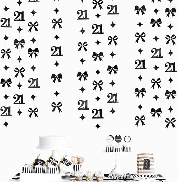 Black 21st Bow Birthday Decorations Glitter Conquette Bow Garland Streamer Banner Backdrop for Girls Boys Happy 21st Birthday Finally Legal Cheers to 21 Years Old Awesome Since 2004 Party Supplies