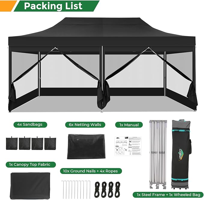 COBIZI 10x20 Heavy Duty Pop Up Canopy Tent with 6 Sidewalls, Easy Set Up Outdoor Waterproof Screen Commercial Party Tent with Mosquito Netting for Parties Backyard Patio, Roller Bag, Black