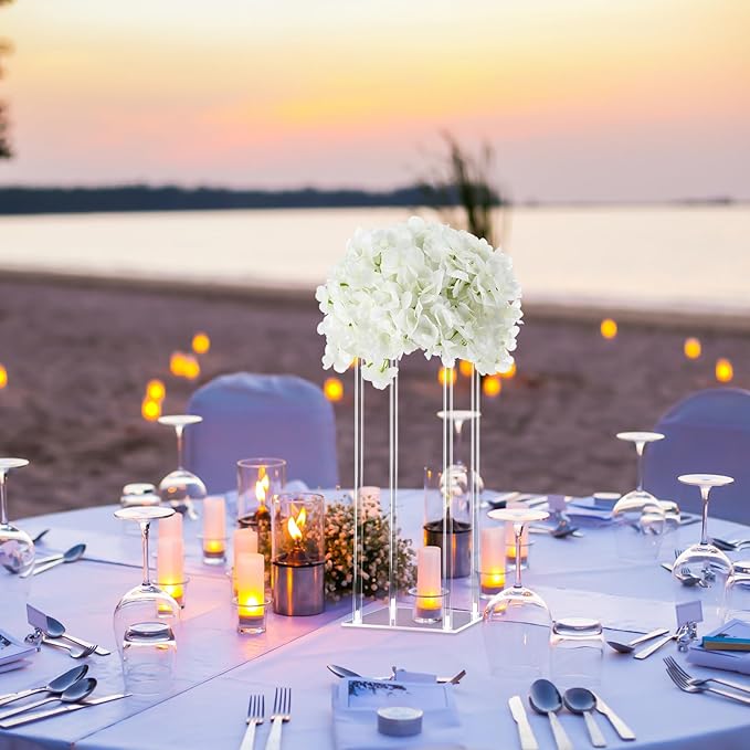 Geetery Tall Acrylic Wedding Flower Stand Centerpieces Clear Elegant Vase Column Stand with Artificial Hydrangea Flowers for Wedding Party Table Home Decorations(6 Pcs,16 Inch)
