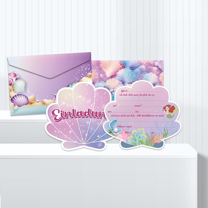 Mermaid & Sea Turtle Ocean-Themed Invitation Kit – 12 Shell-Shaped Cards, 12 Envelopes & 12 Seal Stickers | Underwater Birthday Party Invitations for Kids