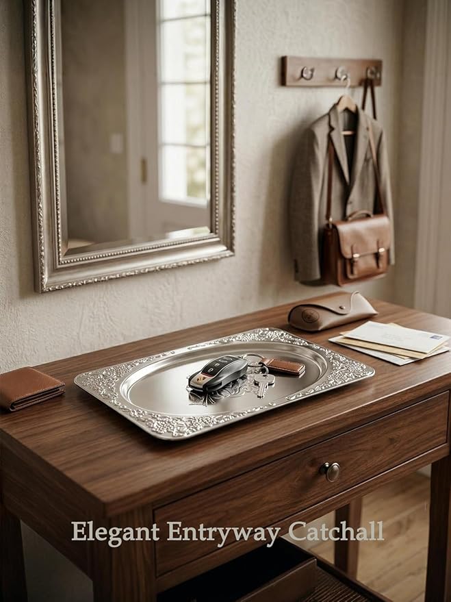 4-Pack Silver Serving Trays Set - ZENOVLUX Vintage Floral Engraved Mirror Decorative Tray, 13.8" x 8.7" Wedding Party Platters for BBQ, Food, Appetizer, Charcuterie, Cookies, Desserts