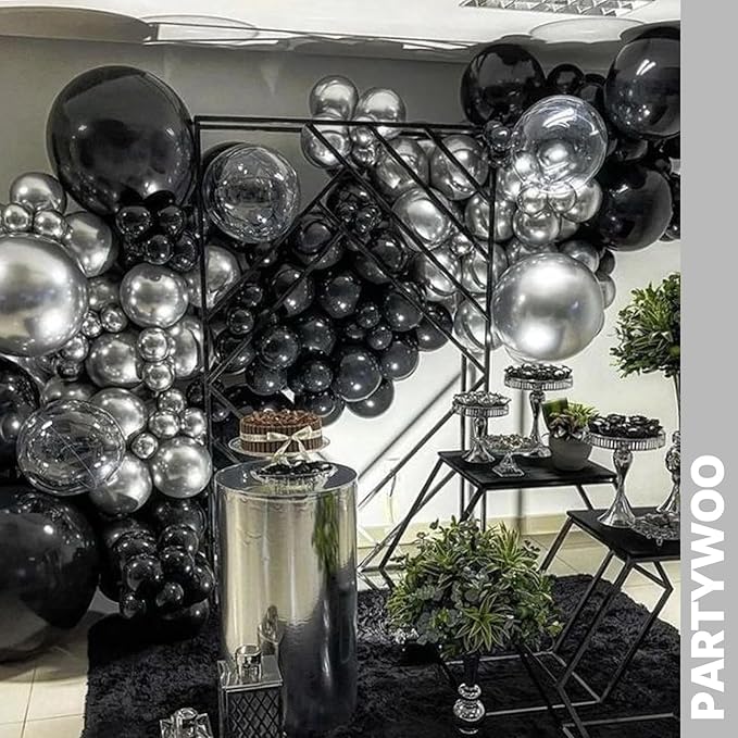 PartyWoo Black and Silver Balloons 66pcs 12 Inch Matte Black Metallic Chrome Silver Confetti Balloons for Graduation Baby Shower Men Birthday Wedding Anniversary New Year's Eve Party Decorations