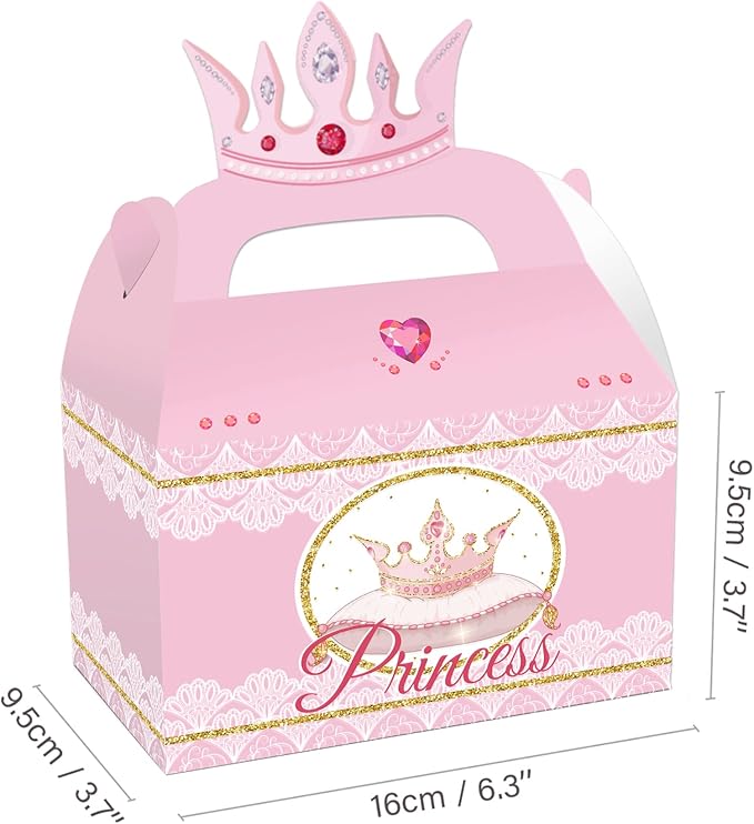 12 Pcs Princess Castle Party Favor Boxes, Little Princess Crown Theme Birthday Party Gift Box, Premium Cardboard Containers with Crown Castle Carriage Prints for Birthday Celebrations