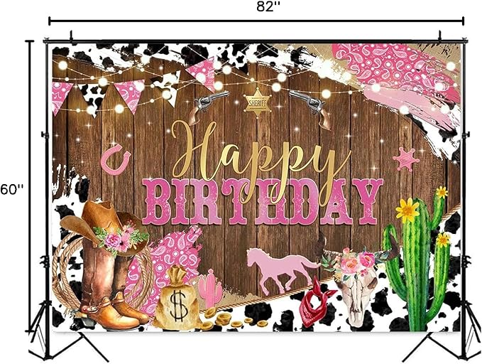Mocsicka Western Backdrop - Cowgirl Happy Birthday Backdrop, Western Birthday Party Decorations, Pink for Grils Birthday Party Photography Background Supplies (Pink, 7x5ft (82x60 inch))