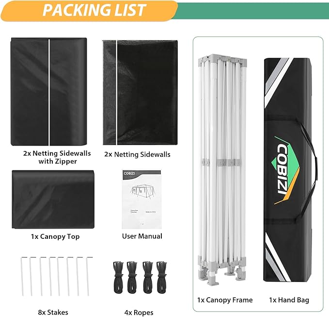 COBIZI 10x15 Heavy Duty Pop up Canopy with 4 Sidewalls, Canopy Tent with Mosquito Netting, Easy up Screen Party Tents for Parties Wedding Patio Backyard Commercial Gazebo with Handbag, Black