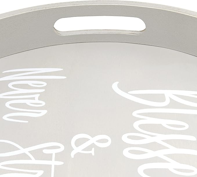 Elegant Designs HG2013-GYS Decorative 13.75'' Round Wood Serving Tray w/Handles, Blessed & Never Stressed, Gray