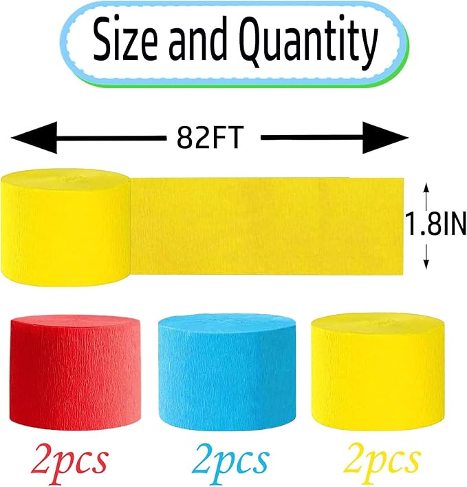 Red Blue and Yellow Crepe Paper 6 Pcs Streamers for Party Decorations, Birthday Wedding DIY Crafts, Gift Wrapping Supplies