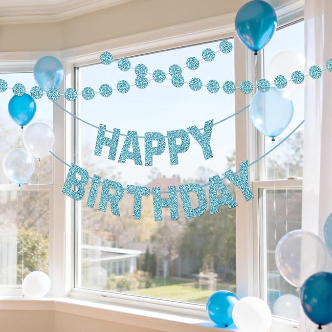GCQQ Blue Happy Birthday Banner - 3M Glitter Light Blue Pre-Strung Banners and 2.5M Circle Dots Garland No DIY Birthday Party Decorations for Boys Girls Baby Shower Kids & Adults Birthday Backdrop
