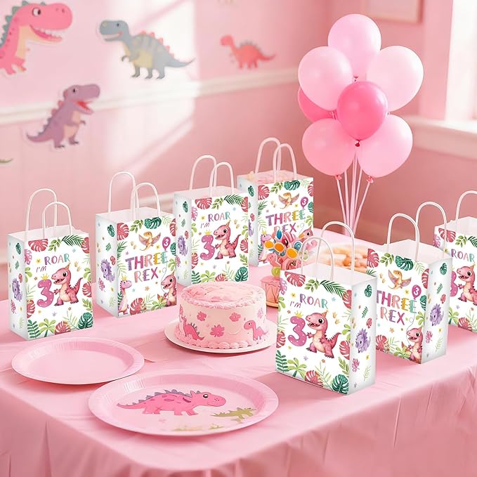 Greencian 16Pcs Pink Dinosaur 3rd Birthday Party Favor Bags 3 Rex Dinosaur Candy Treat Gift Goodie Bags with Handles Three Year Old Birthday Decorations for Girls 3 Year Old Party Favors Supplies