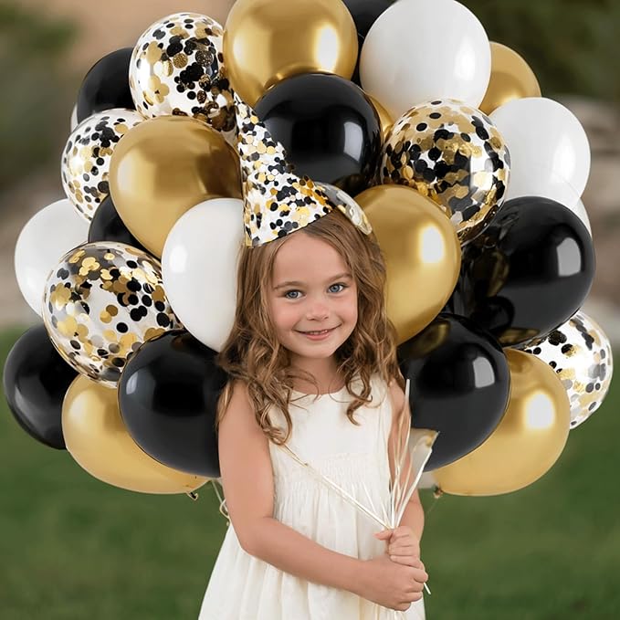 Black Gold White Balloons, 50pcs 12inch Matte White Black Metallic Gold Confetti Latex Balloons with Gold Ribbons for Birthday Graduation New Years Retirement Party Decorations