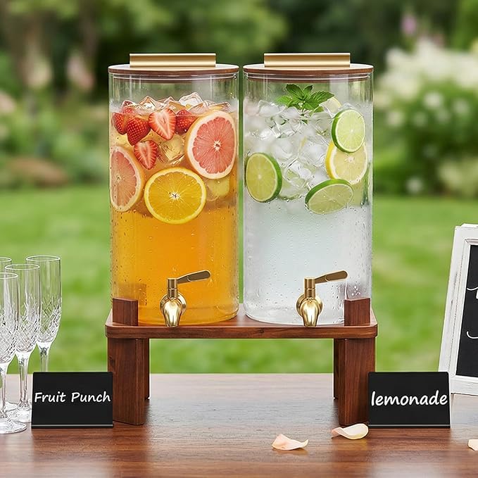 Lifewit 1.5 Gallon Drink Dispenser for Parties, Glass Beverage Container with Wood Stand for Juice/Tea/Soda & Lemonade, Water Pitcher with Leakproof Stainless Steel Spigot for Mimosa Bar Hosting 2 Pcs