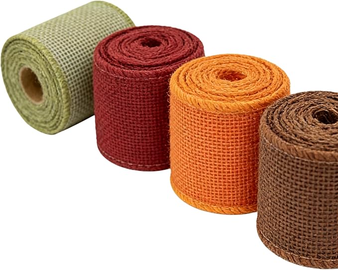 Meseey 7/8 Inch Fall Burlap Wired Ribbon Set, 4 Rolls Total 40 Yards Sage Green/Burgundy/Orange/Brown Solid Wired Edge Ribbon for Wreaths, Bows, Gift Wrapping, Thanksgiving & Halloween Decor