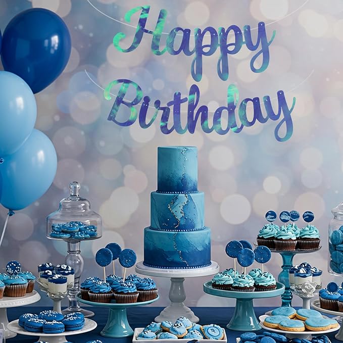 BEISHIDA Double-Sided Rainbow Blue Happy Birthday Banner - NO DIY,10Feet,Pre-Strung Birthday Party Decorations Birthday Backdrop Sign Garland Happy Birthday Decorations for Women