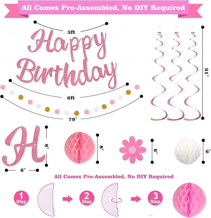 YEOCU Birthday Decorations, NO DIY, Pre-Strung Happy Birthday Banner with Honeycomb Balls, Hanging Swirls, Circle Dots Garland, Happy Birthday Party Decorations for Women Men Boys Girls (Pink)