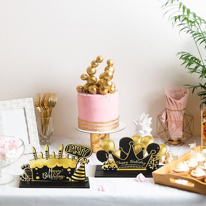 Leinuosen 6 Pieces Happy Birthday Table Centerpiece Black and Gold Happy New Year Wooden Sign Table Topper Party Decoration for Women Men Birthday Baby Shower Photo Booth, 6 Designs