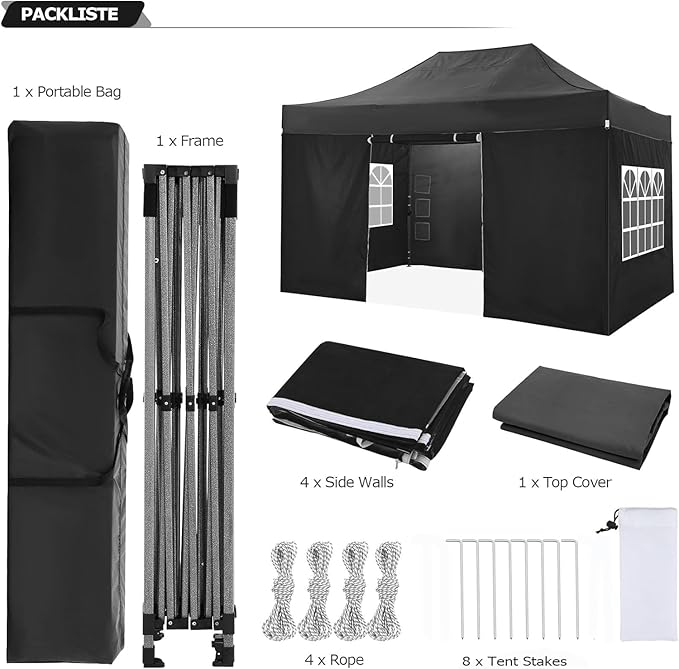 COBIZI 10x15 Heavy Duty Pop Up Canopy Tent with 4 Sidewalls Thicken Frame, Commercial Easy Up Outdoor Wedding Party Tents, All Season Waterproof Windproof with Stakes Sandbags Ropes Bag, Black