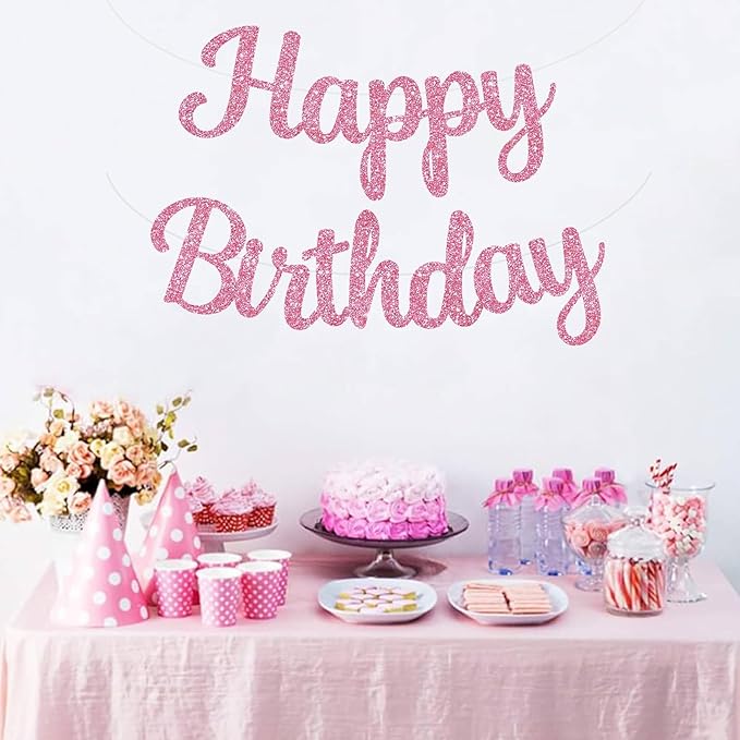 BEISHIDA Happy Birthday Banner - NO DIY,Pink 10Feet Pre-Strung-Glitter Birthday Sign Garland Backdrop Decorations for Women men Party