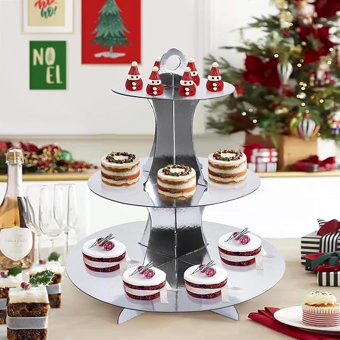 Soleebee 3-Tier Round Cupcake Stand, Cardboard Cupcake Tower, Dessert Cup Cake Stand Tower for Birthday Wedding Party Decoration, Cupcake Tier Stand 2 Set (Silver)