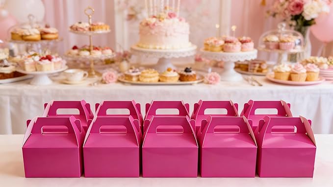 XAGLVV 24 Pack Hot Pink Paper Gable Boxes,6.2 Inch Candy Boxes with Handle, Snack Party Favor& Gift Cookie bags for kids Birthday,Wedding, Baby Shower, Graduation.