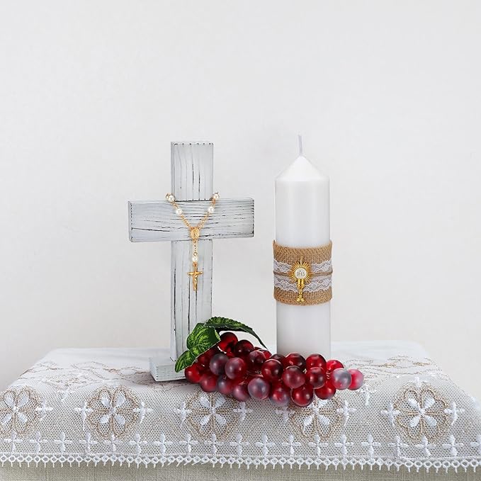 Amyhill 3 Sets Cross Table Decor Baptism Centerpieces Sets Confirmation Candle Standing Cross with Jhs Candles First Communion Table Decor for Wedding Baby Shower Christening Church