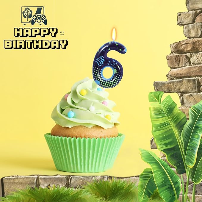 STG Birthday Candles for Boys - Number 6 Candle for Video Game Birthday Cake Topper, Fort Battle Level Up Game Themed Birthday Party Supplies (Number 6)