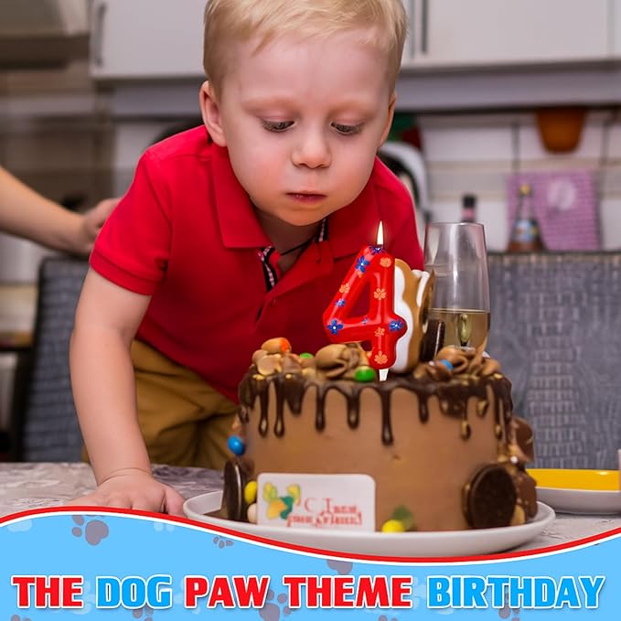 Conelist Number 4 Dog Paw Birthday Candles Dog Toppers Candles Blue Yellow and Red Numeral Birthday Cake Topper for 4 Year Old Boy Girl Paw Party Decoration Party Supplies