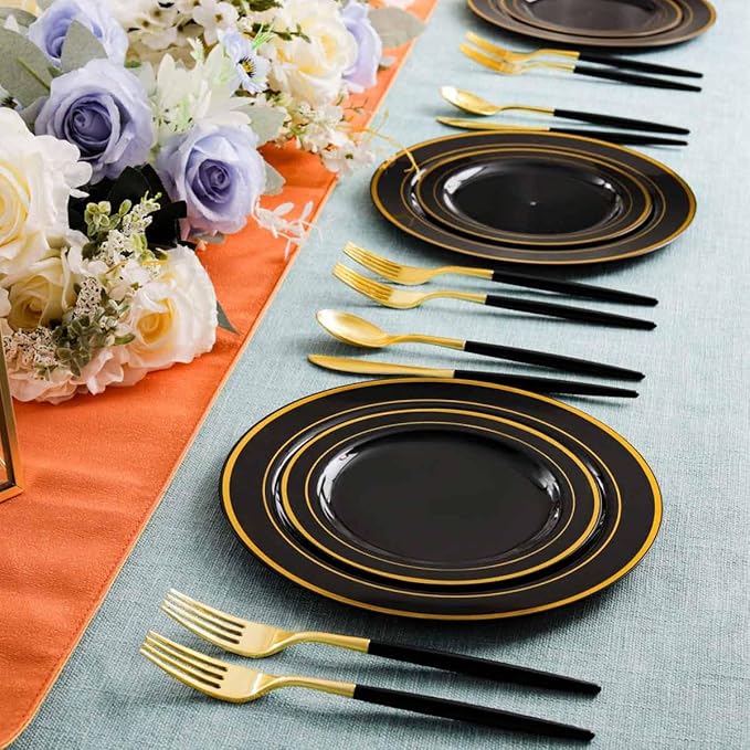 Rubtlamp 96 Pcs Gold Disposable Silverware, Plastic Cutlery, Gold Utensils Plastic with Black Handle Include 32Forks, 32Spoons, 32Knives for Party