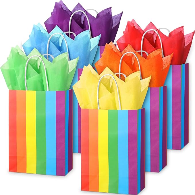 TaoBary 36 Pcs Rainbow Party Treat Bags Rainbow Gift Bags Colorful Stripes Kraft Paper with Handles and Colorful Tissue Paper for Gay Parade Festival Party Supplies