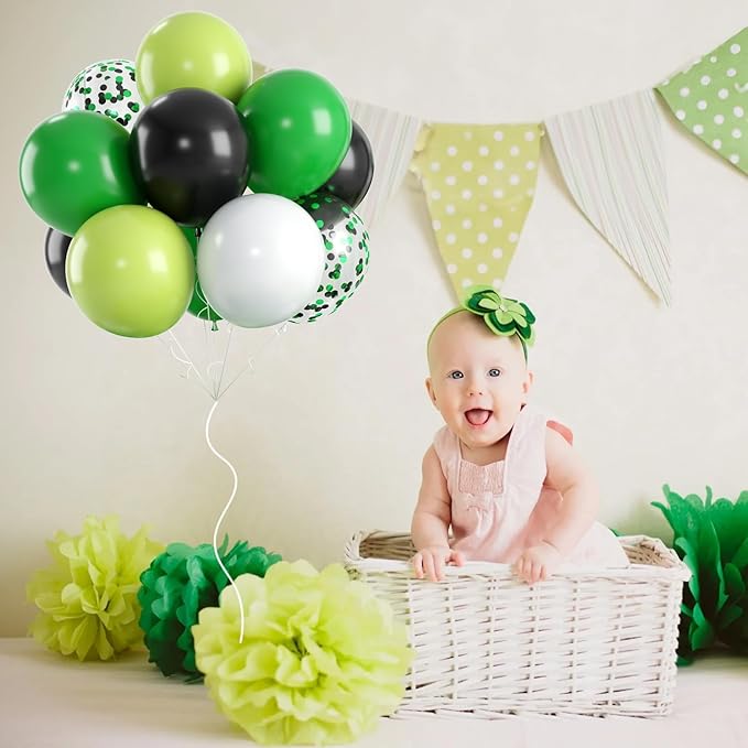 60 PCS Colorful Balloons Set with Confetti - Green, Black, White - 12 Inch Lime Green Balloons for Video Game Football Theme Party Kids Birthday Decorations
