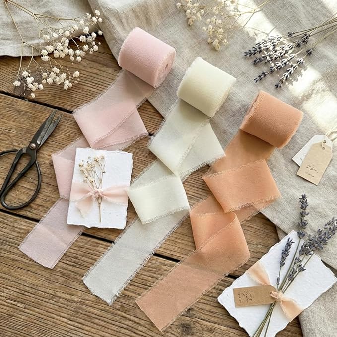 Frayed Edge Chiffon Ribbon 3 Pack, 1.5 Inch Wide Polyester Chiffon Ribbon, 21 Yards Total in Light Pink, Beige and Dark Snow Bud for Bouquet Wrapping, Wedding Decorations and Gift Packaging