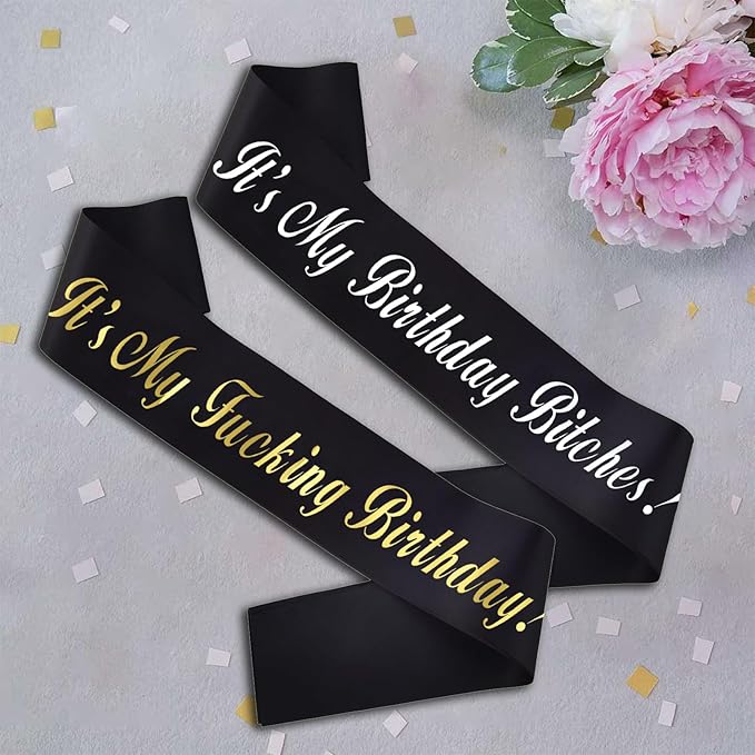 It's My Birthday Bitches!' Birthday Sash, Silver Foil Black Birthday Sash for Women 21st 30th 40th Fun B-day Party Suppiles