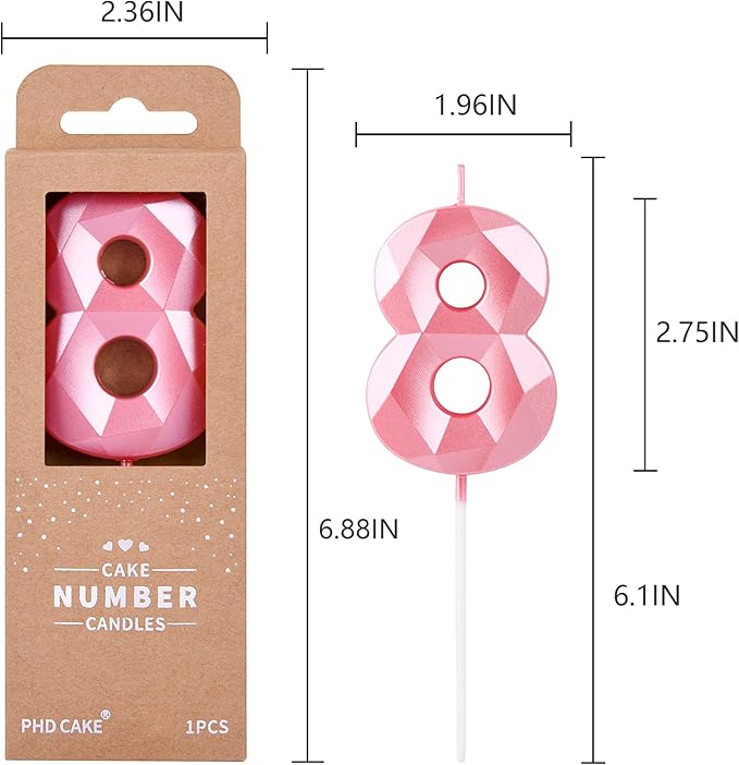 PHD CAKE 2.76 Inch Crystal Pink 8 Number Birthday Candles, Pink Cake Candles for Party Celebration
