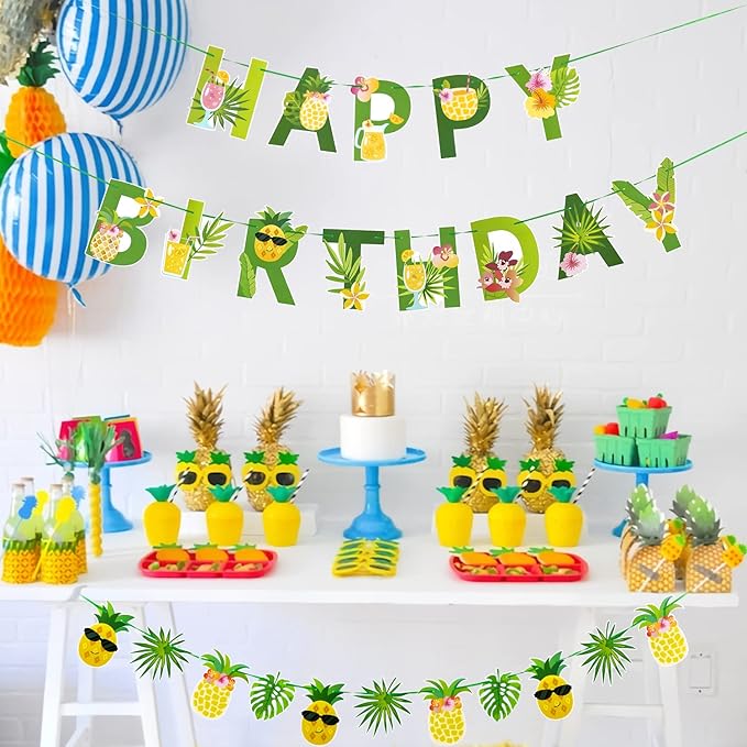 SUNBEAUTY Fruit Party Decorations Happy Birthday Pineapple Element Banner for Summer Tropical Hawaiian Aloha Parties - Colorful, Vibrant, Durable, Fun and Easy to Hang | Pre-Strung