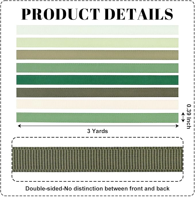 Sage Green 3/8 Inch Grosgrain Ribbon Set, 8 Pack x 3 Yards (24 Yards Total), Craft Ribbon for Wedding Bouquets Gift Wrapping Wreaths and Garden Party Decor