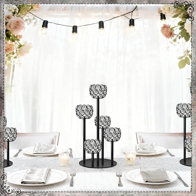 5-Arm Crystal Tealight Candelabra Centerpiece, 14.8 Inch Metal Candle Holder for Table Decor, Wedding, Christmas, Party, Anniversary & Home Decoration (1, Black, S-14.8 in)