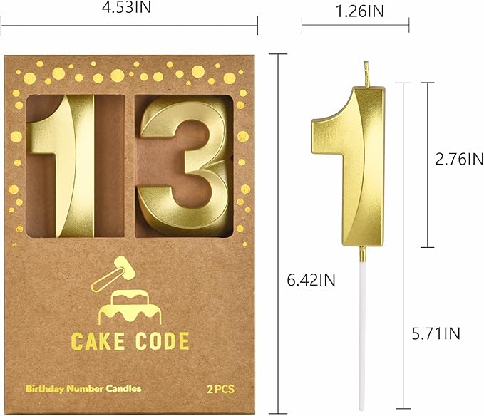 2.76 Inch Diamond Gold 13 Number Birthday Candles, Gold and Cake Number Candles for Party Celebration