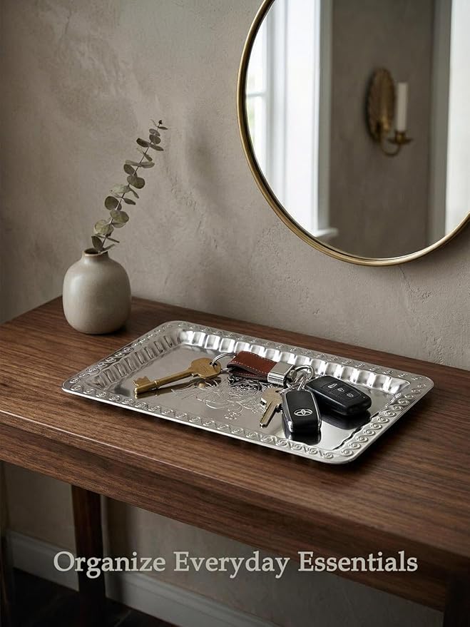 4 Pack Silver Serving Trays Set - 13.8 x 8.7 inch Lightweight Mirror Decorative Trays with Swirl Floral Engraving, Rectangular Platters for Party, Wedding, Dessert, Appetizers, Coffee & Charcuterie