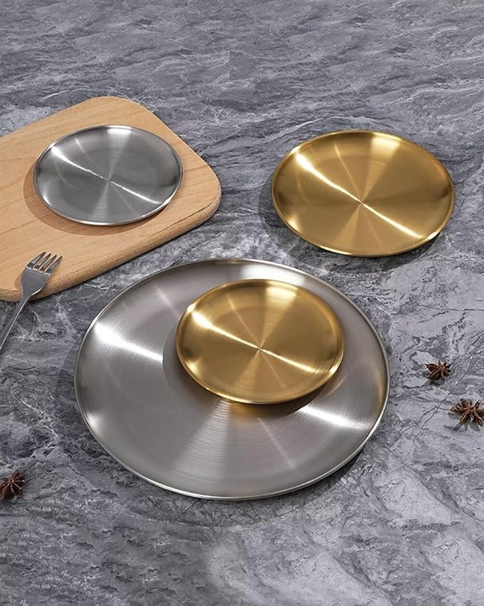 14.2in Round Silver Serving Tray, Stainless Steel Decorative Metal Tray for Coffee Table, Vanity, Perfume, Jewelry, and Entryway Catchall Organizer