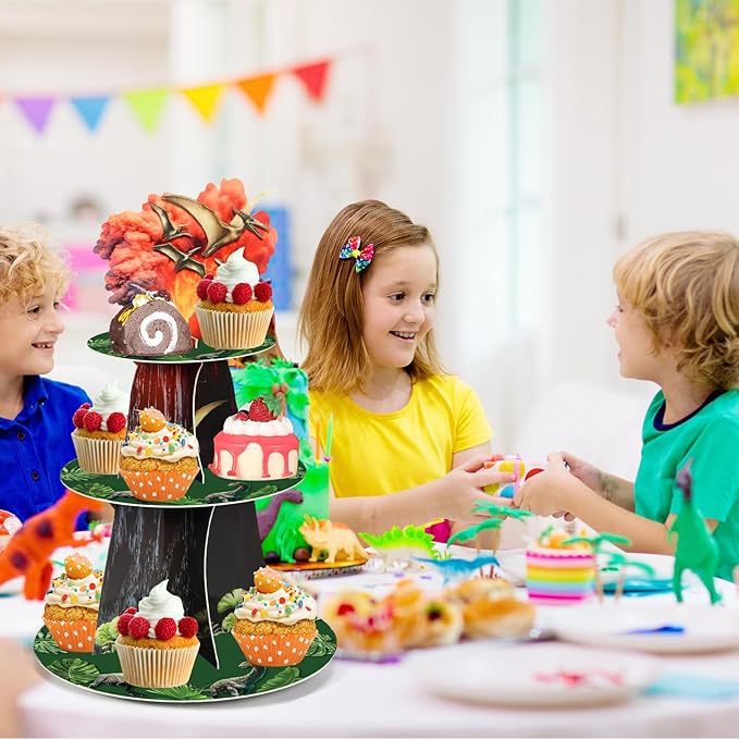Zopeal 3 Tier Dinosaur Cupcake Stand Dinosaur Theme Cupcake Holder Dino Jurassic Volcano Dessert Tower for Kids Birthday Baby Shower Dino Theme Party Supplies