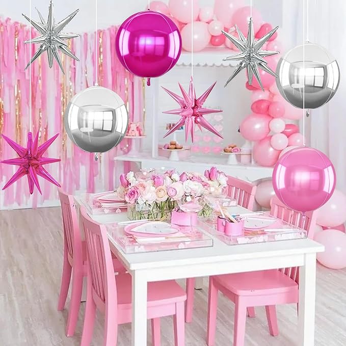 TONIFUL 8Pcs 22Inch Silver Pink Rose Red Large 4D Giant Round Star Balloons Explosion Star Mylar Balloons Set for Christmas New Year Birthday Wedding Bridal Shower Anniversary Photo Booth Supplies