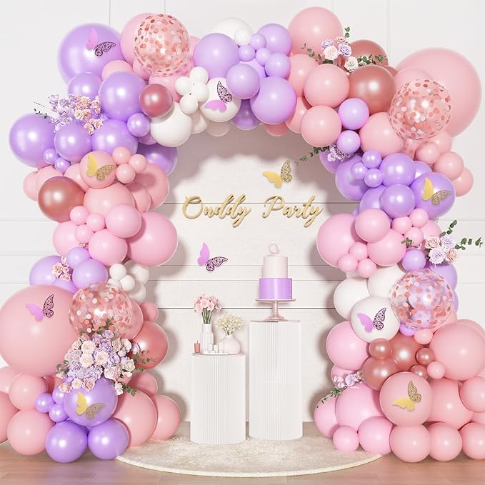 151PCS Pink Balloon Garland Arch Kit Rose Gold White Pink and Purple Balloons Confetti Latex Balloons Butterfly Stickers Decorations for Birthday Party Wedding Baby Bridal Shower Decorations